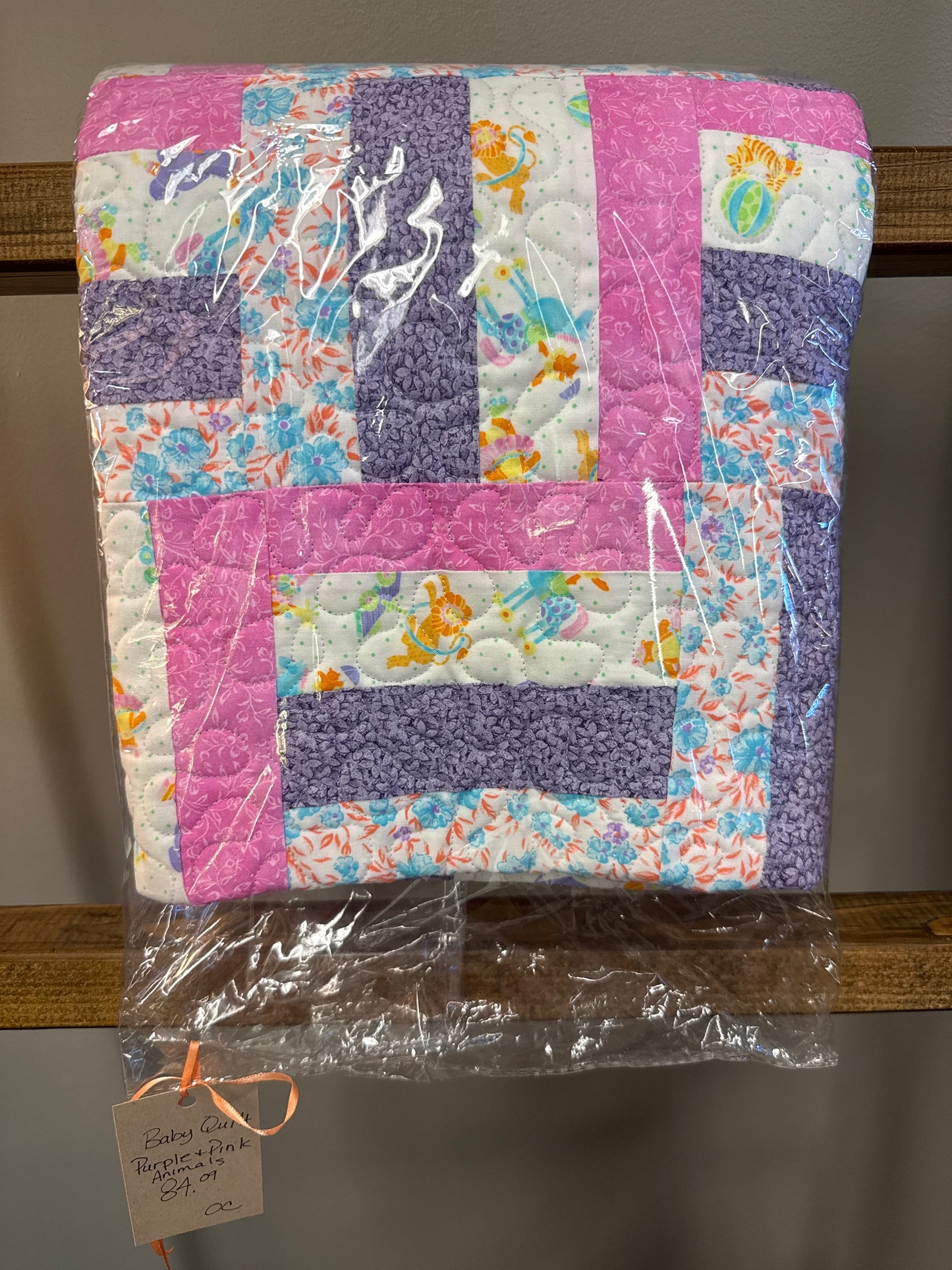 Baby quilt, purple and pink animals