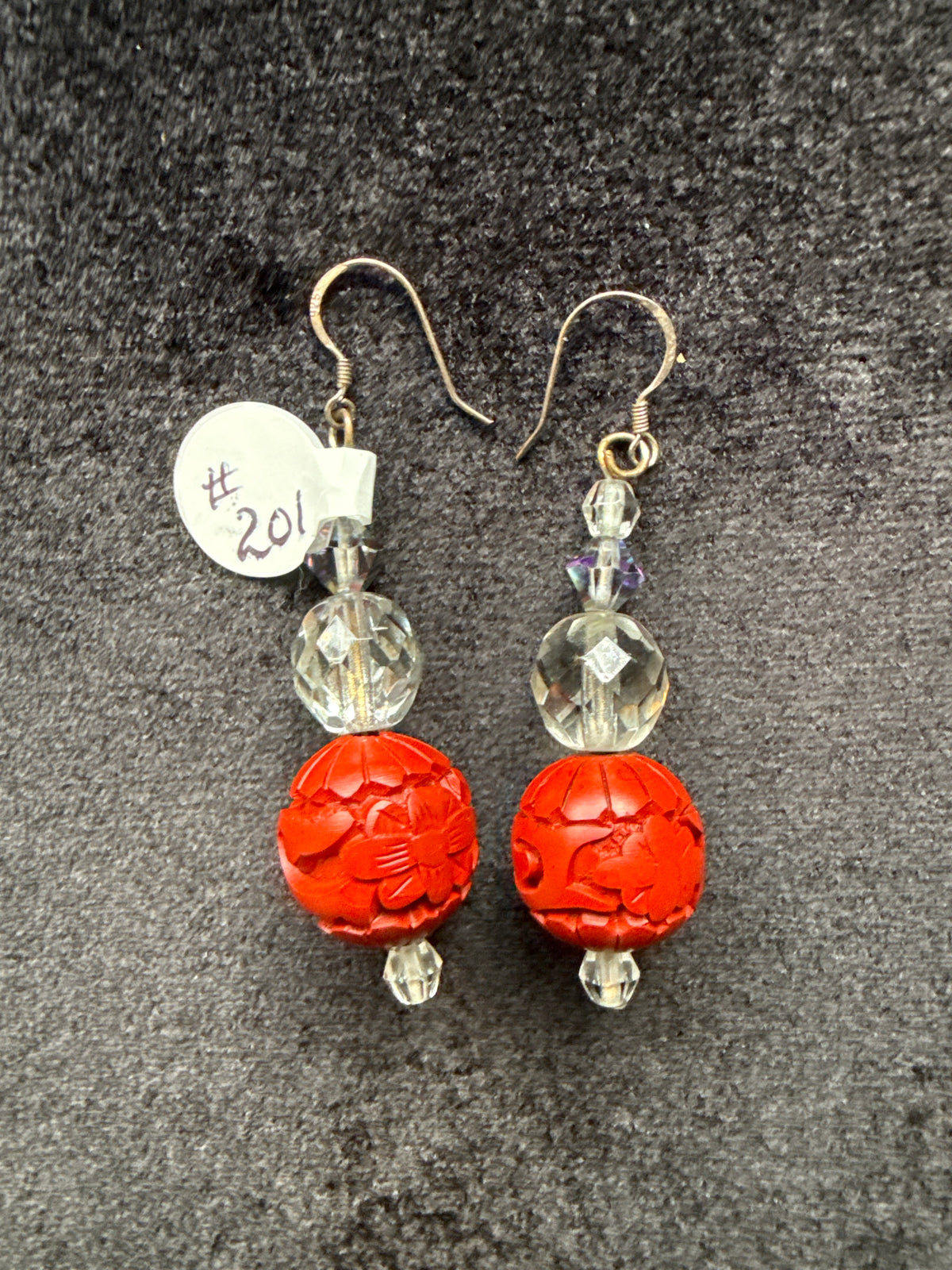 #201 cinnabar and Crystal earrings
