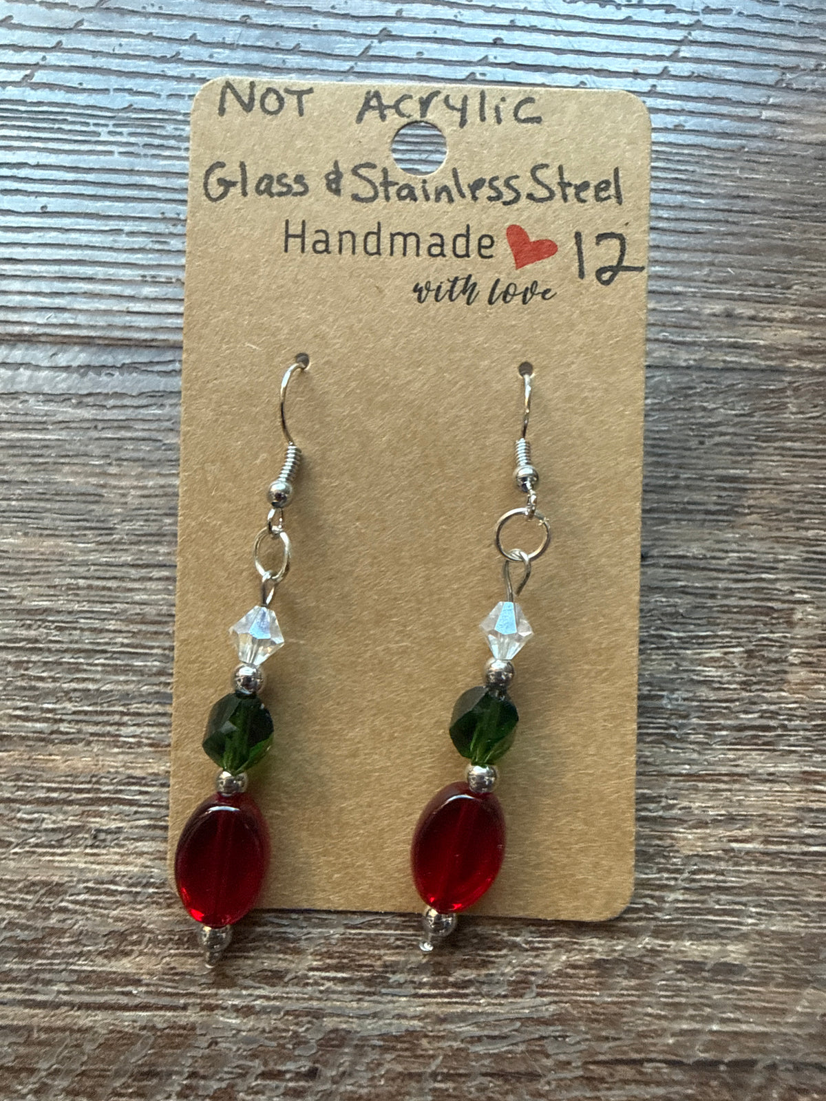 Glass and stainless steel Christmas earrings