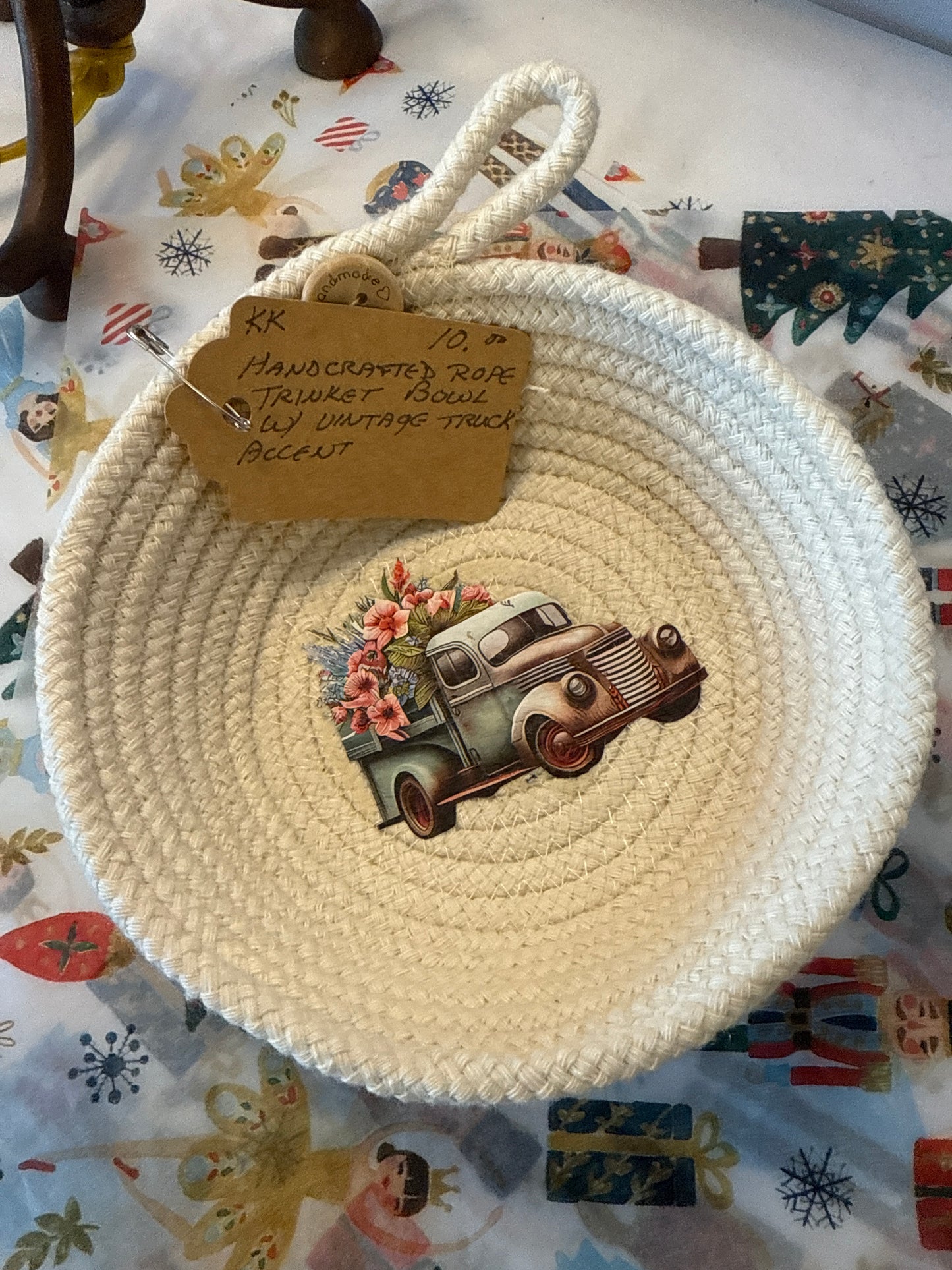 Handcrafted rope trinket bowl with vintage truck accent