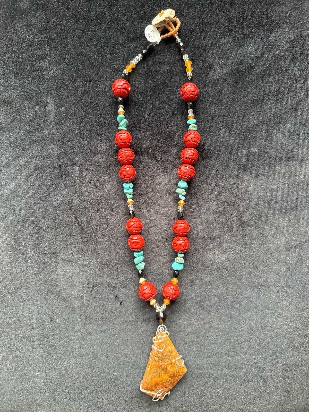 #308 amber, pendant, turquoise, and Cinnabar necklace
