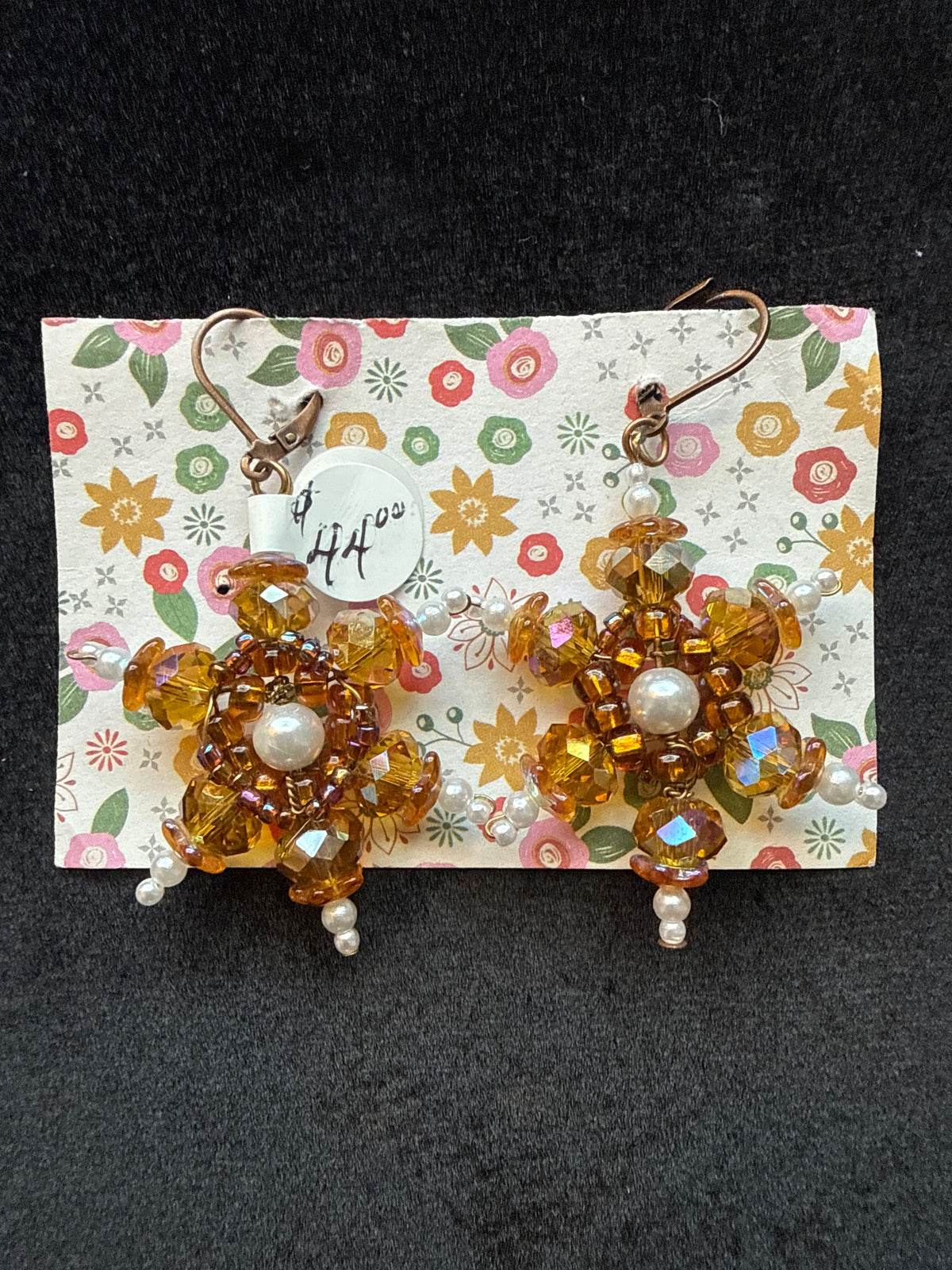 #376 Amber, Pearl, crystal snowflake wired earrings