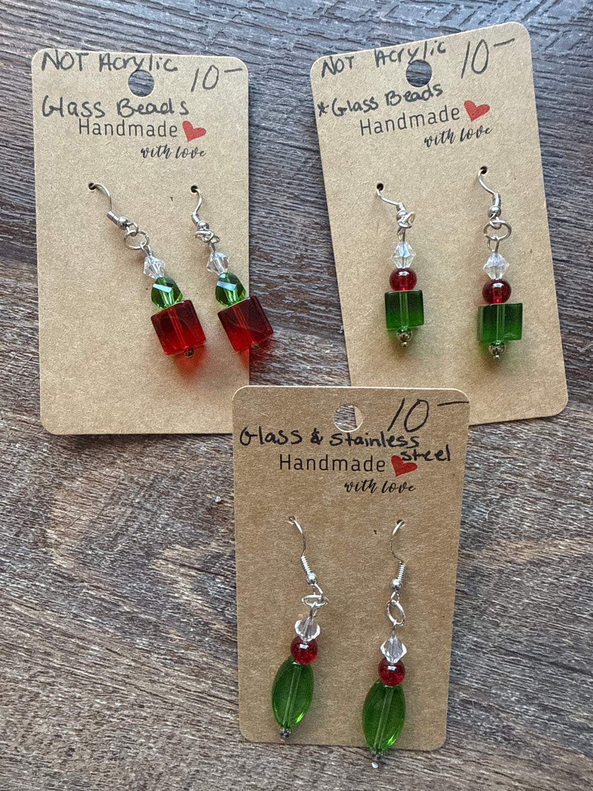 Glass and stainless steel Christmas earrings