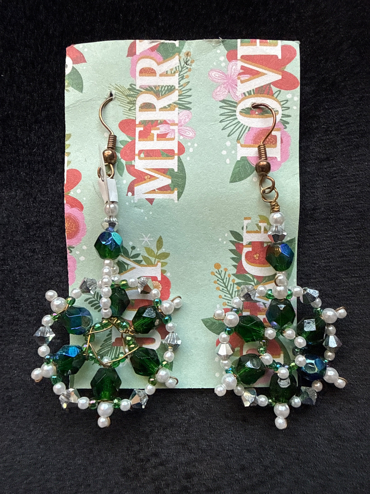 #110 Greene Iris and pearl beaded wire snowflake earrings