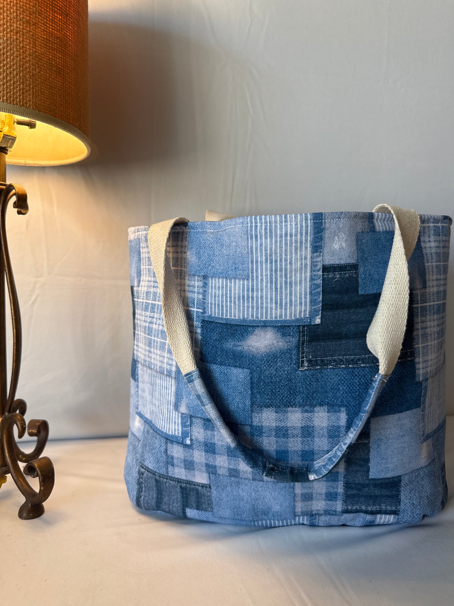Faux, denim, patchwork, large tote