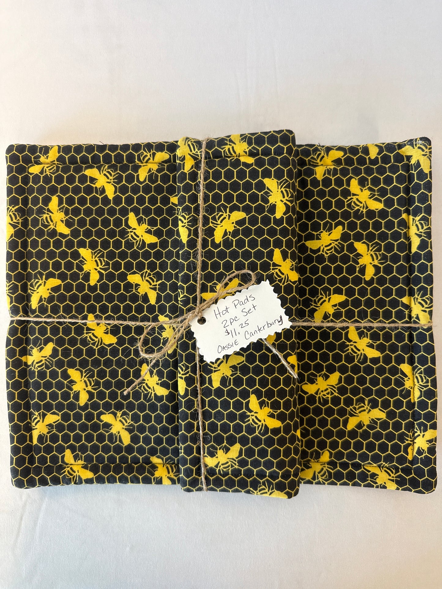 Hot pads, two piece set bees with honeycomb