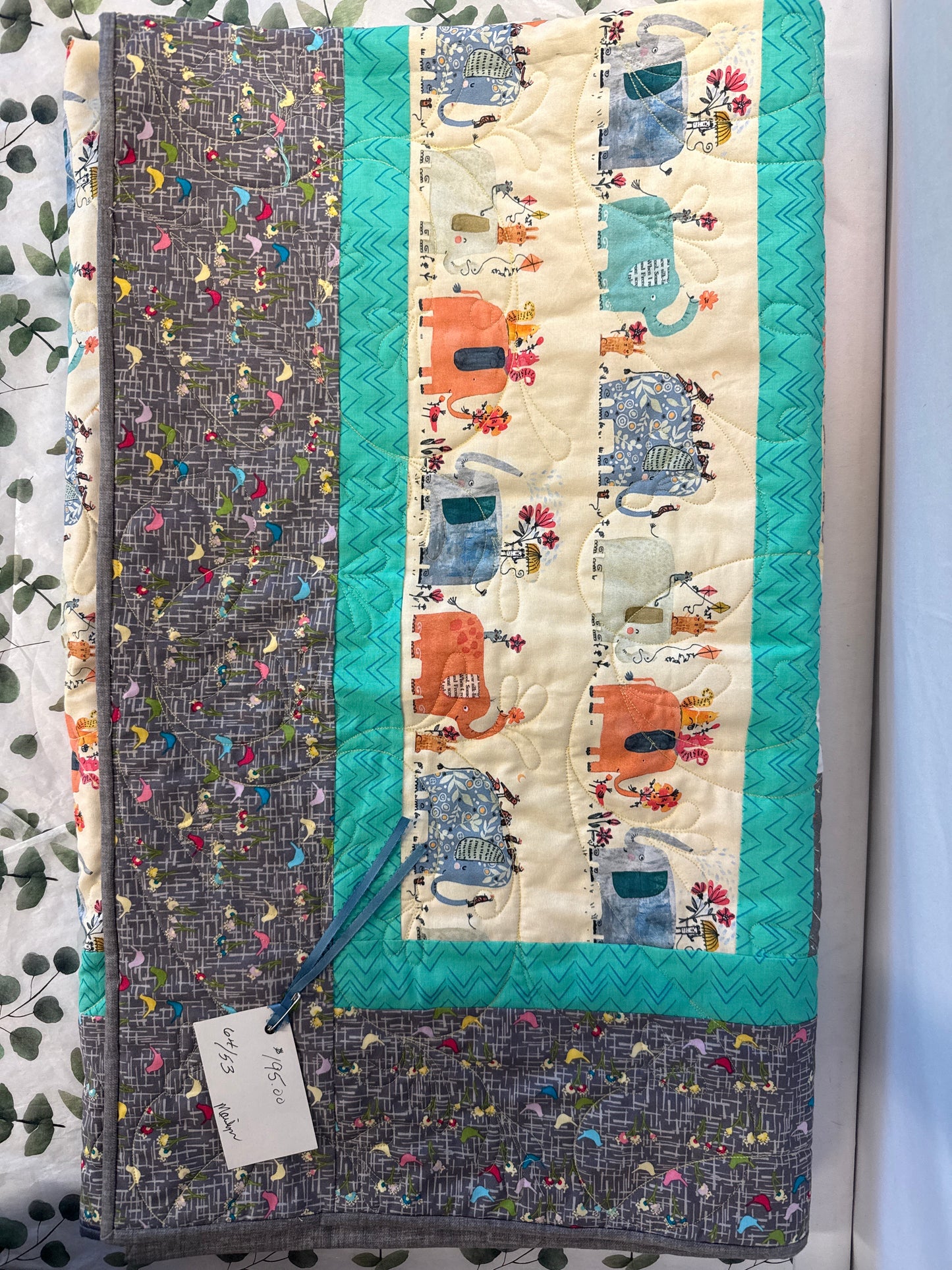 Elephant quilt pastel colors 64” x 53”