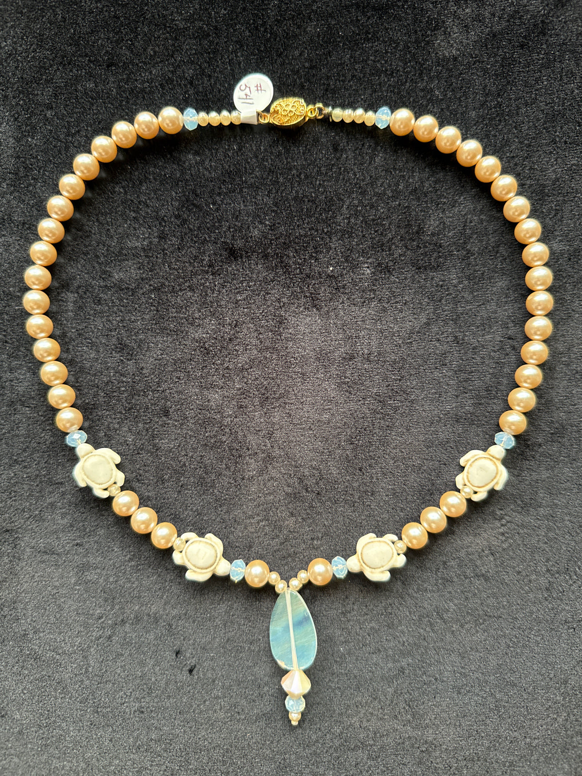 #541 vintage glass, pearls and beige turtle necklace