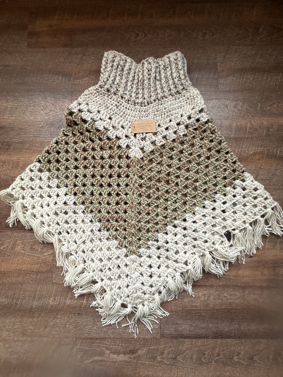 Granny Square cowl neck, fringe poncho