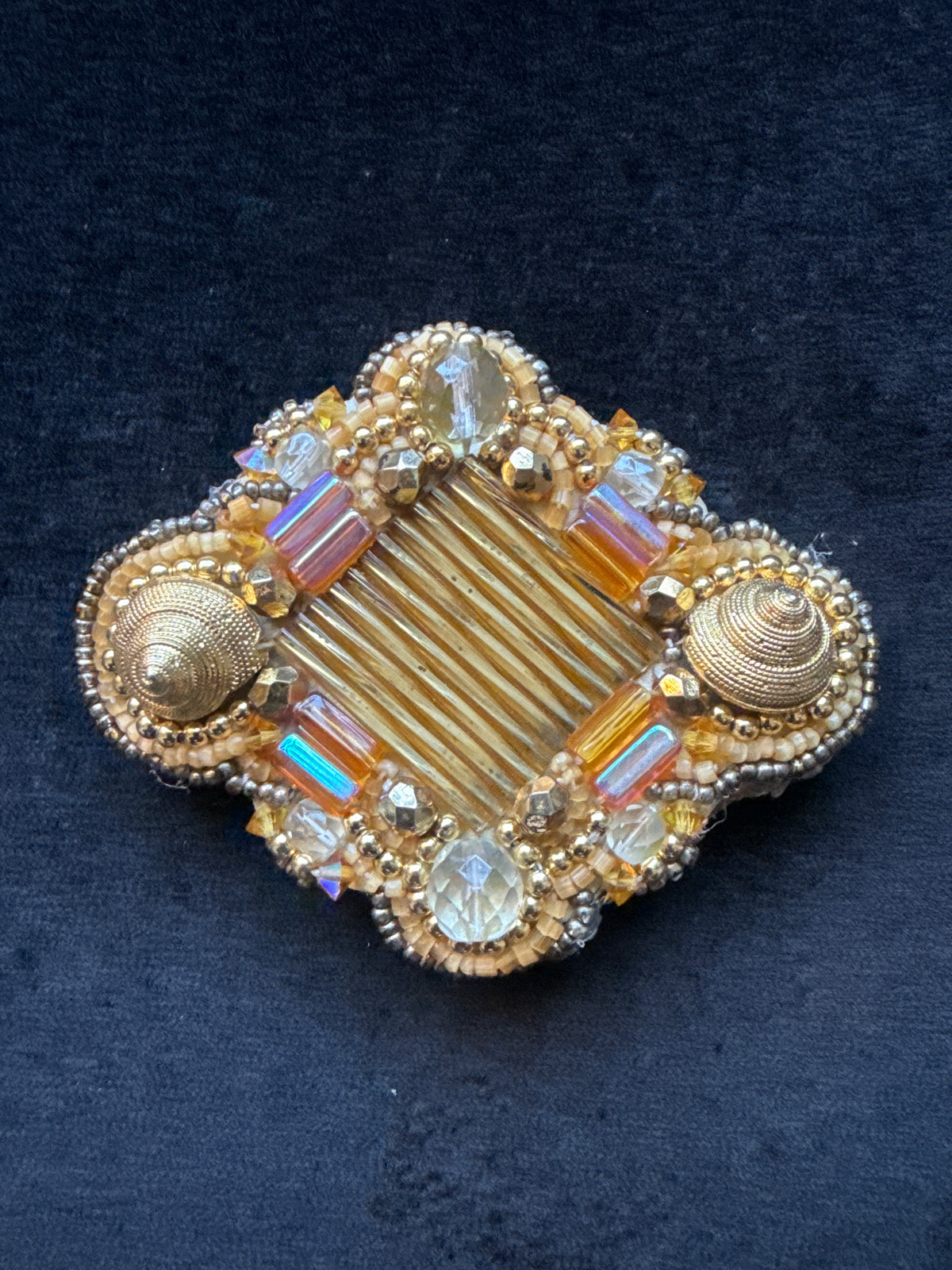 #558 gold bugle hand beaded multicolor barrette