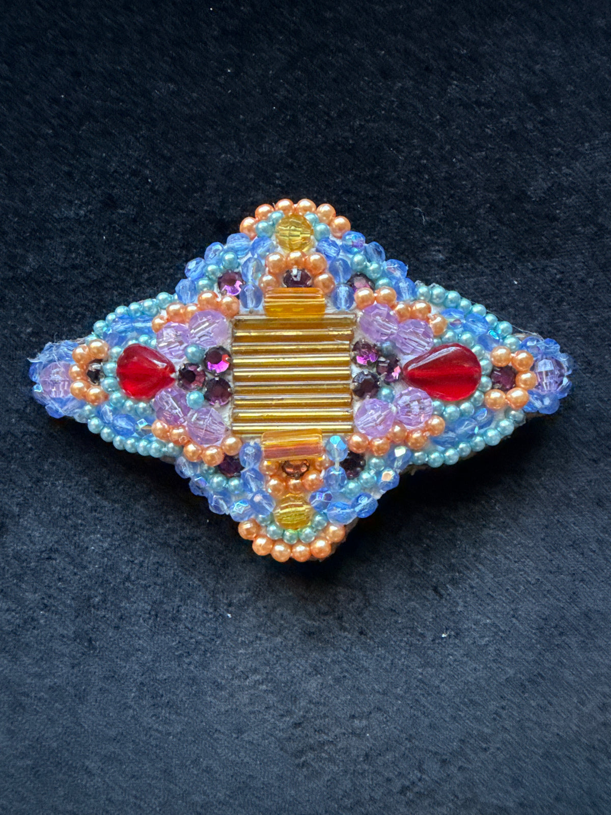 #574 gold bugle hand beaded multicolored barrette ￼