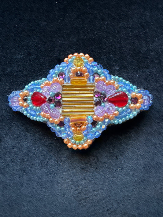 #574 gold bugle hand beaded multicolored barrette ￼
