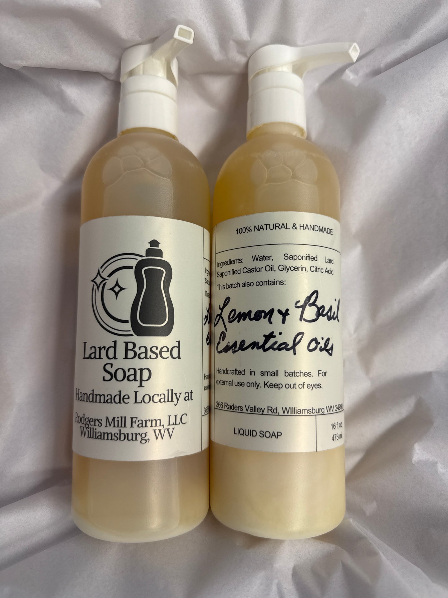 Lard based soap, assorted scents, 16 fluid ounces