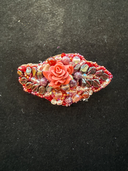 #488 pink rose seed, bead, and genuine, garnet hand zone barrette