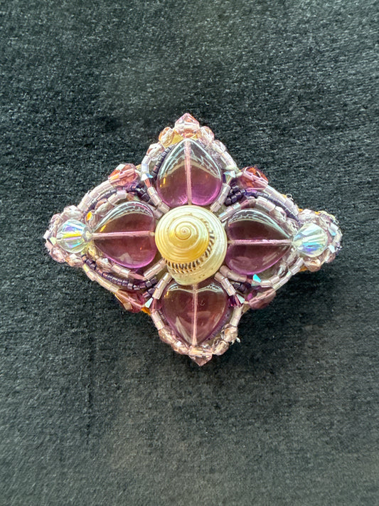 #328 purple glass seashell, and seed bead hand barrette