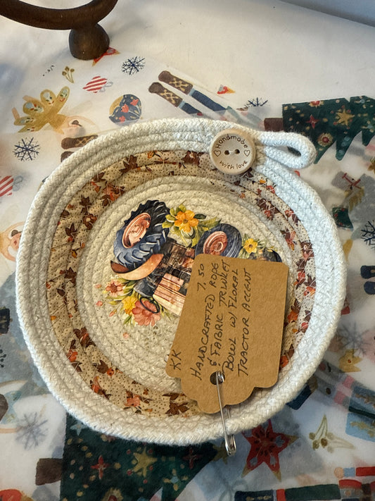 Handcrafted rope and fabric trinket bowl with floral tractor accent