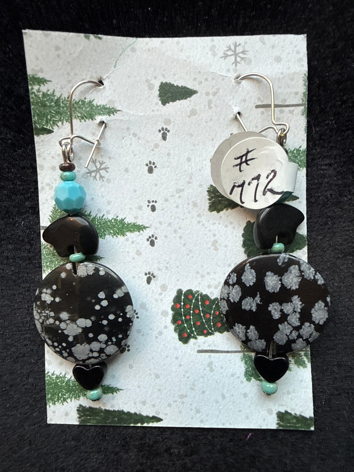 #772 snowflake obsidian disk onyx Zuni bear and turquoise crystal earrings