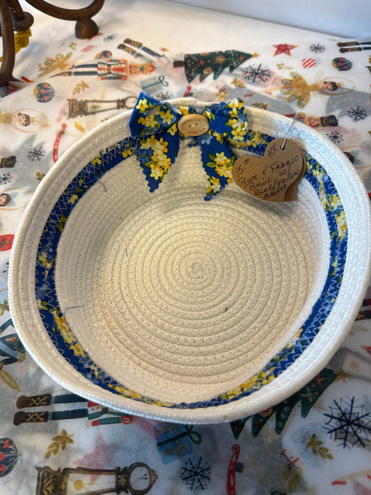 Rope and fabric bowl with blue yellow accents