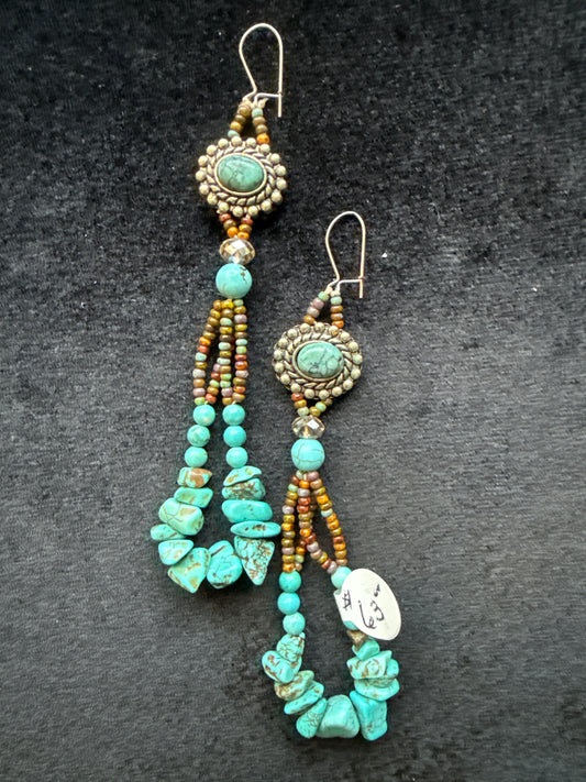#659 Genuine turquoise seed bead and crystal long earrings