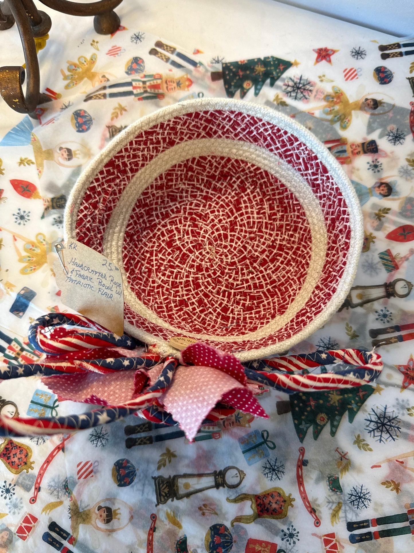 Handcrafted rope and fabric bowl with patriotic flair