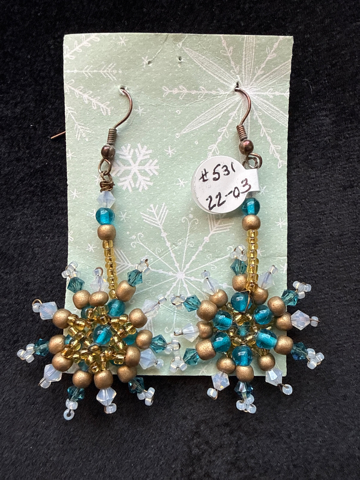 #531 gold teal Milk white crystal wired snowflake earrings