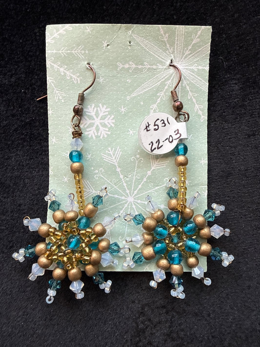#531 gold teal Milk white crystal wired snowflake earrings