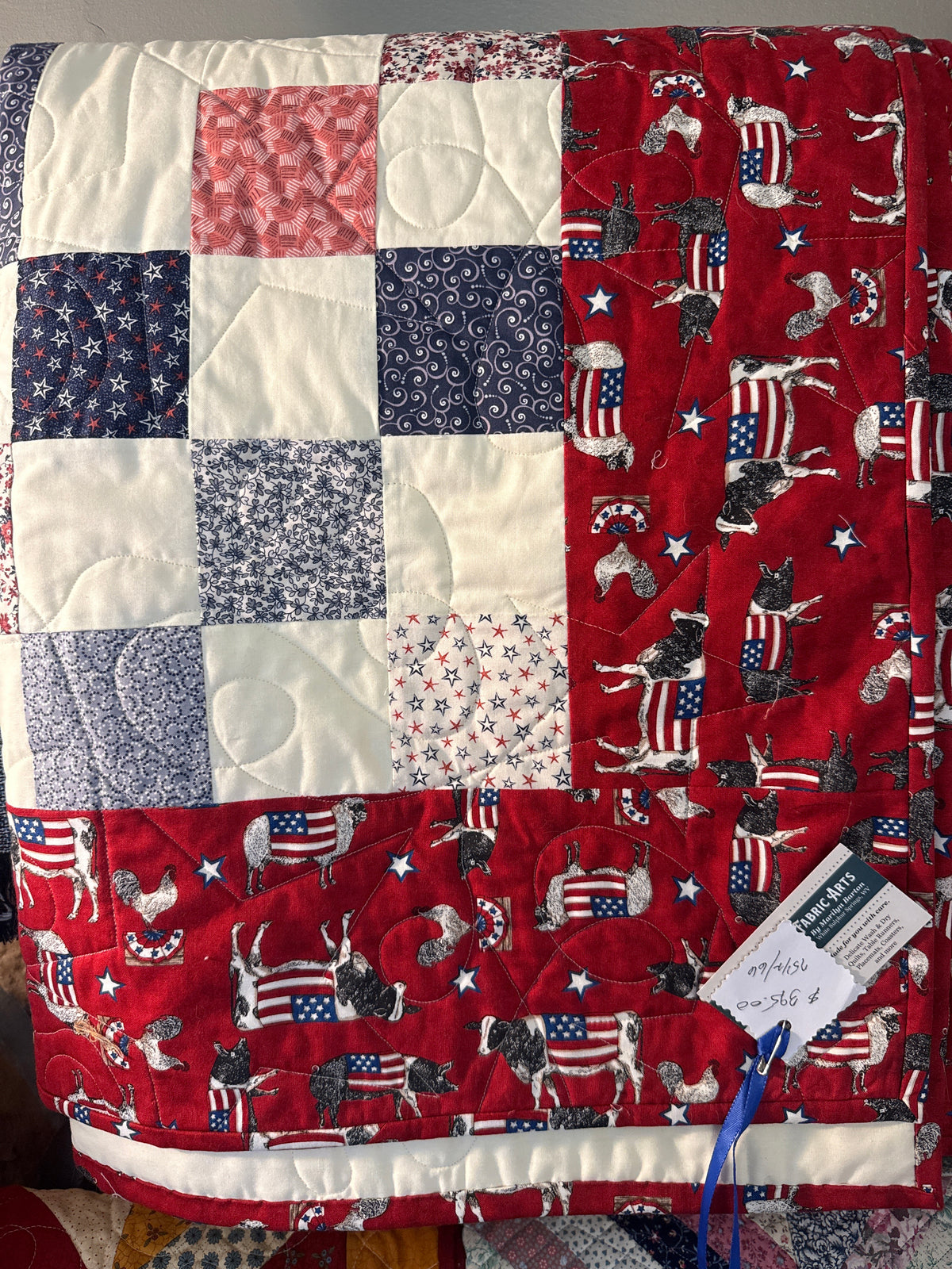 Red white and blue quilt, 75 1/2” x 66”