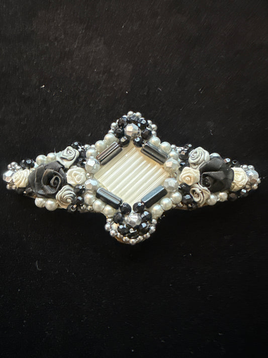 #224 black and white roses￼ Gray pearl hand sewn barrette