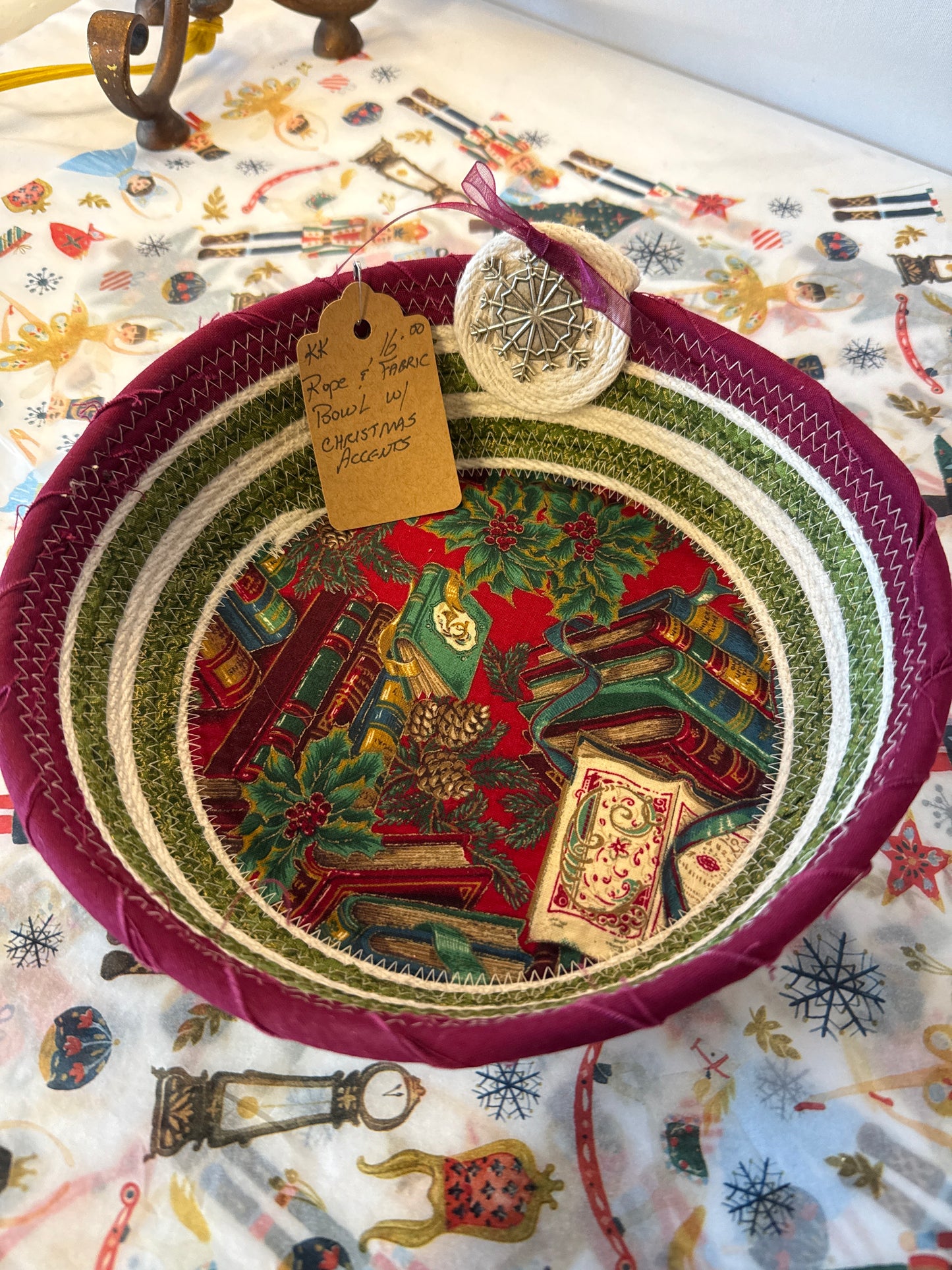 Rope and fabric bowl with Christmas accents