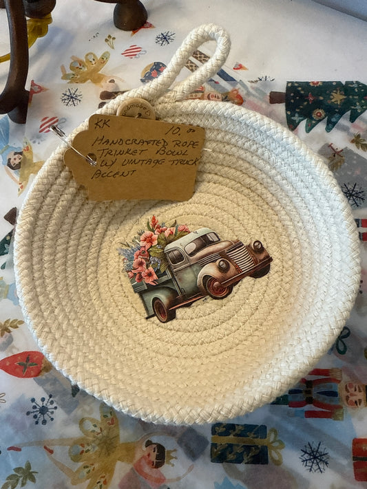 Handcrafted rope trinket bowl with vintage truck accent