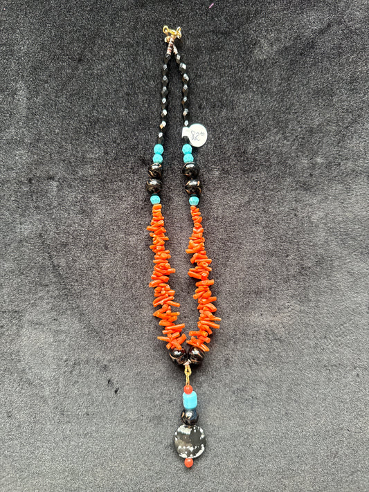 #439 snowflake obsidian, coral and vintage turquoise crystal necklace
