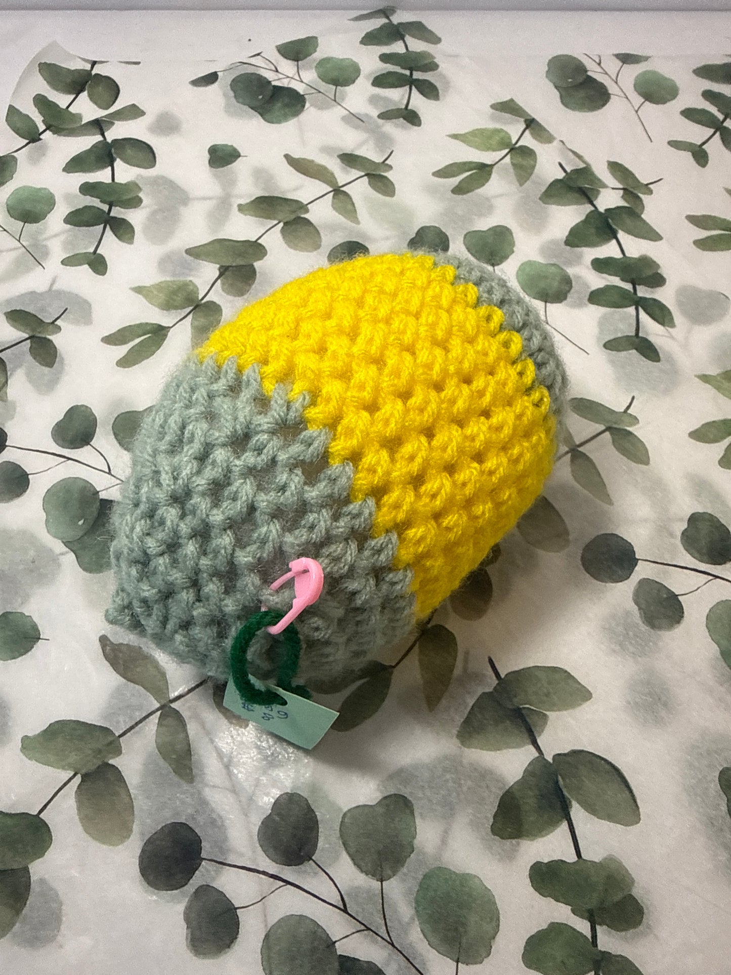 Crocheted, egg, green and yellow