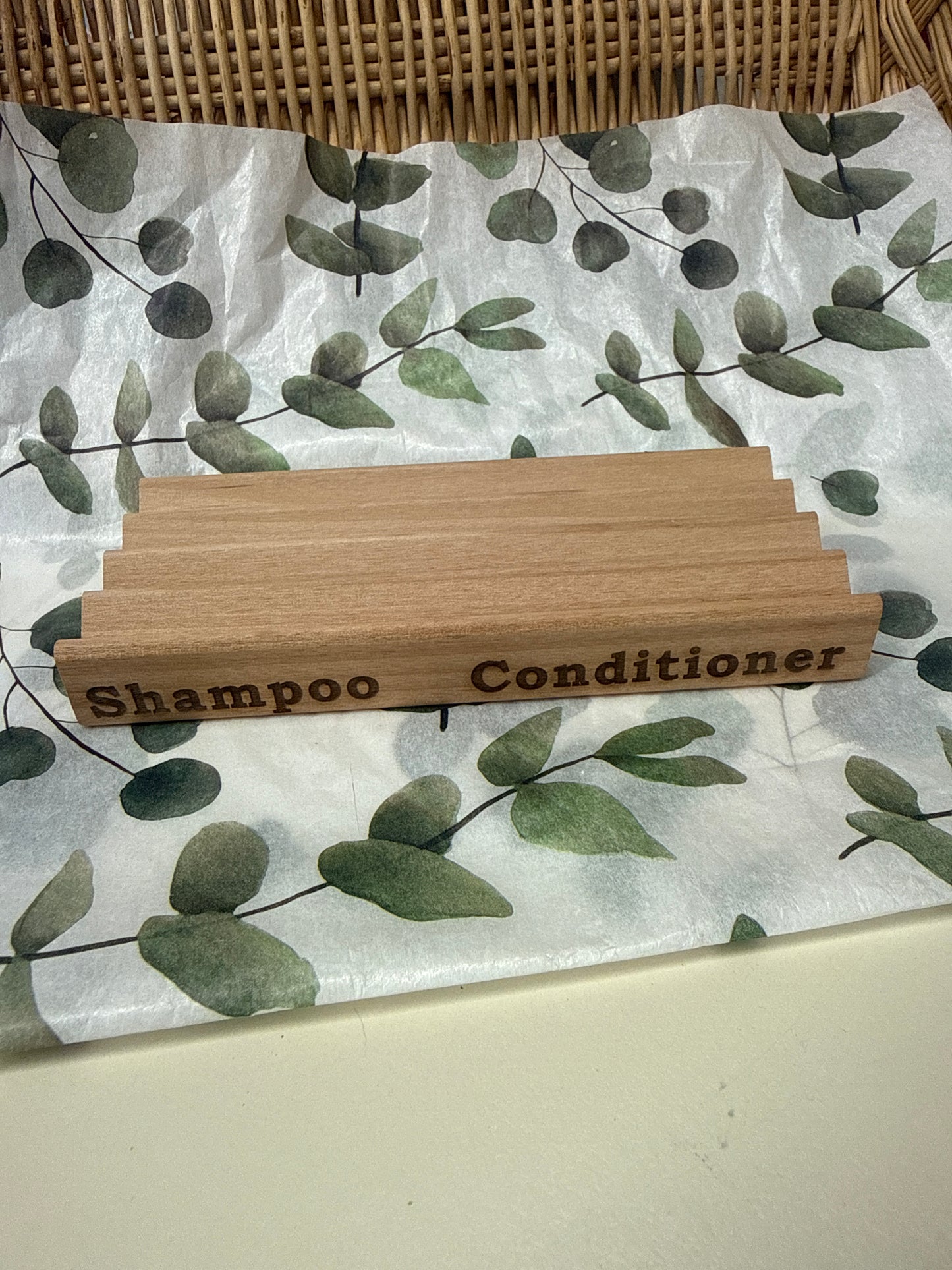Natural wood soap, dish, shampoo, and conditioner