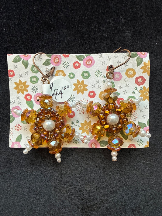 #376 Amber, Pearl, crystal snowflake wired earrings