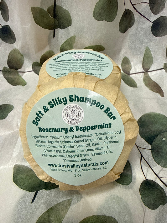 Soft and silky shampoo, bar, rosemary, and peppermint