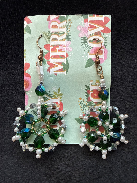 #110 Greene Iris and pearl beaded wire snowflake earrings