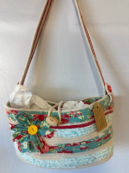 Handcrafted rope and fabric handbag with pioneer woman accents