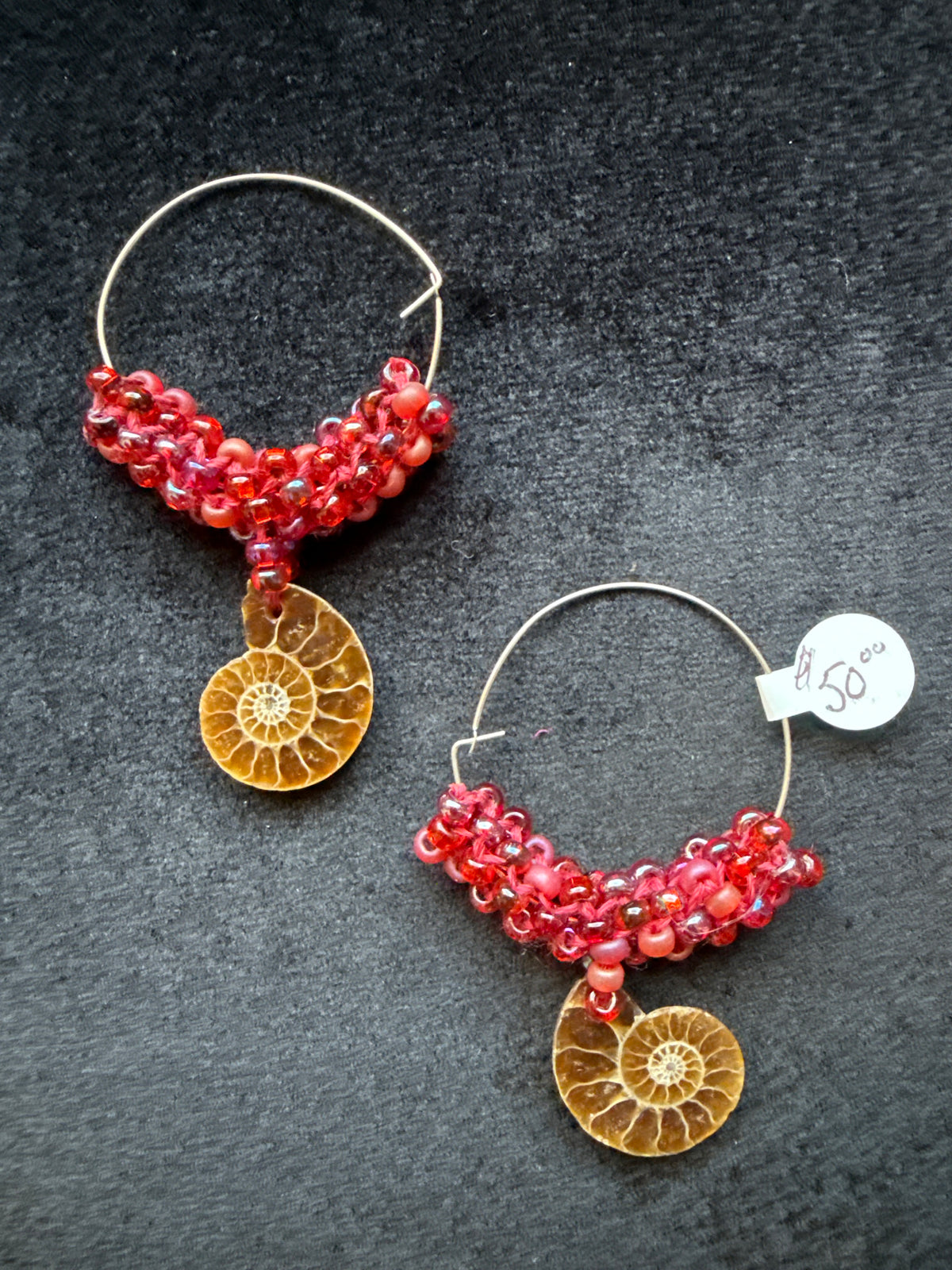 #467 ammonite, fossil wire beaded earrings
