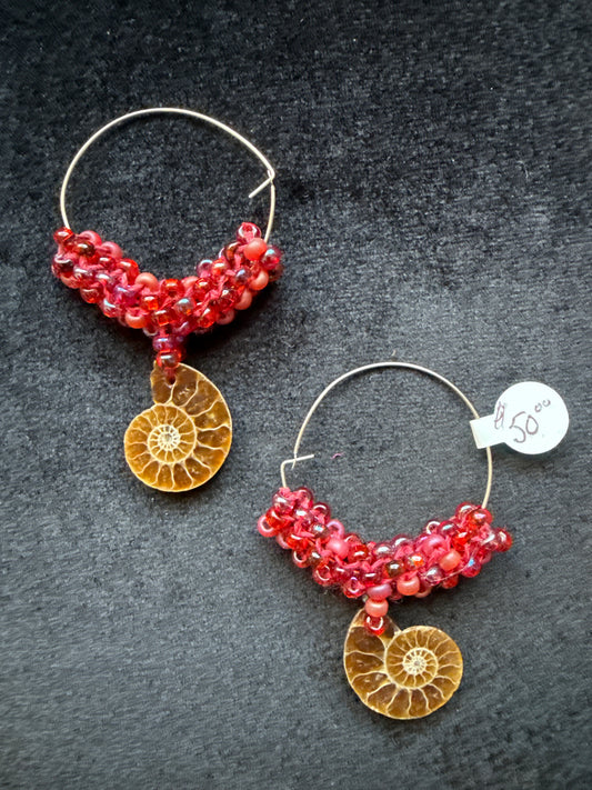 #467 ammonite, fossil wire beaded earrings