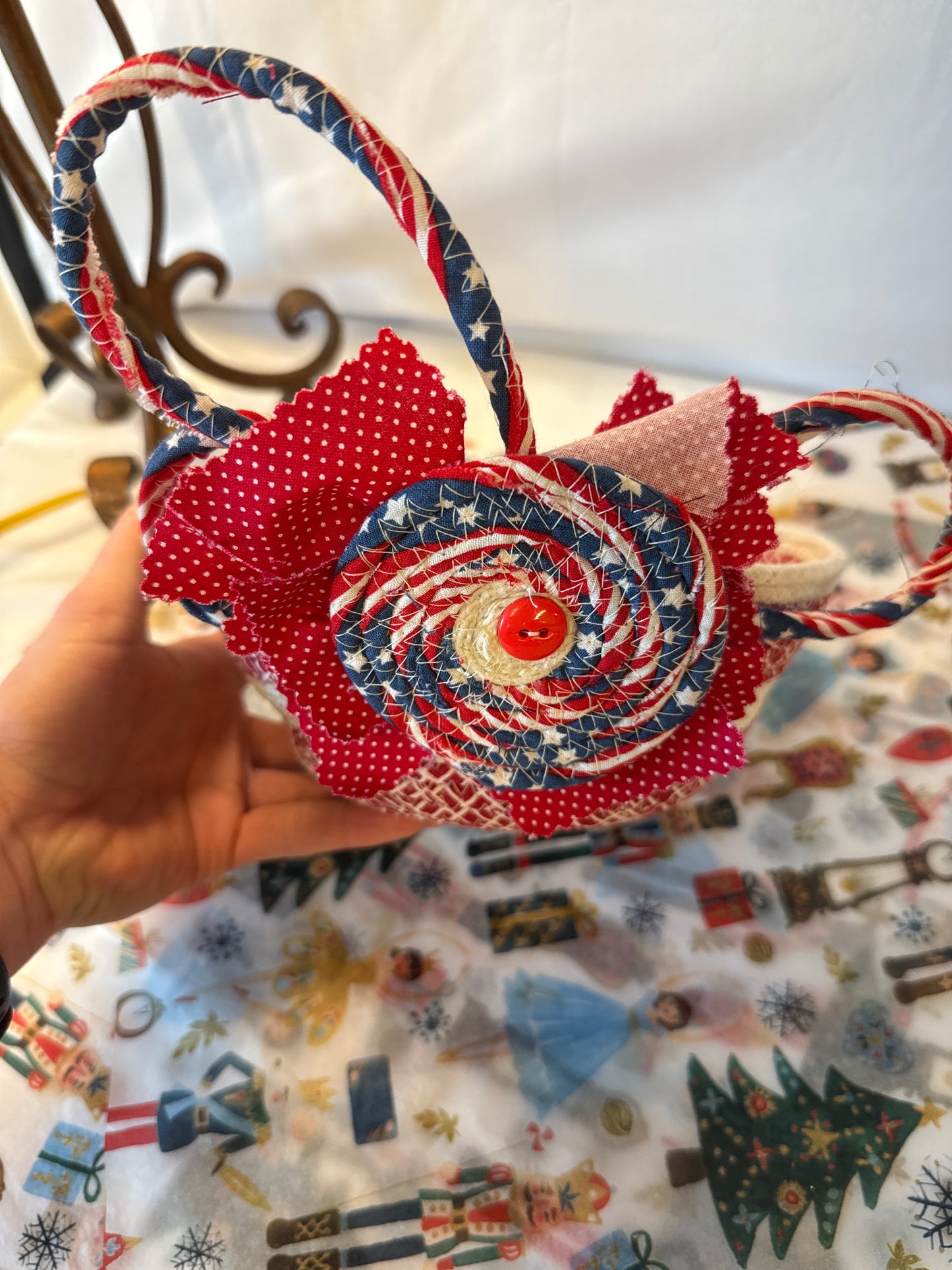 Handcrafted rope and fabric bowl with patriotic flair