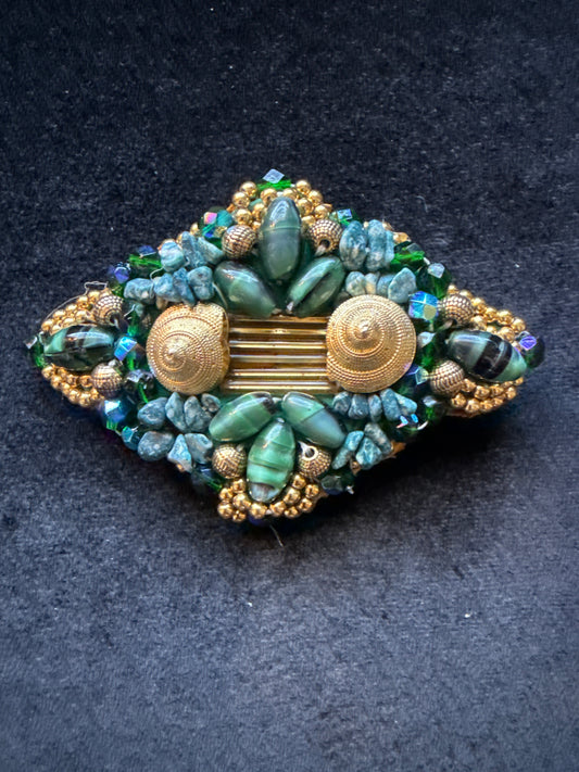 #144 gold Shell, gold bead, genuine Malachi, and czch glass AB beads hand sewn barrette