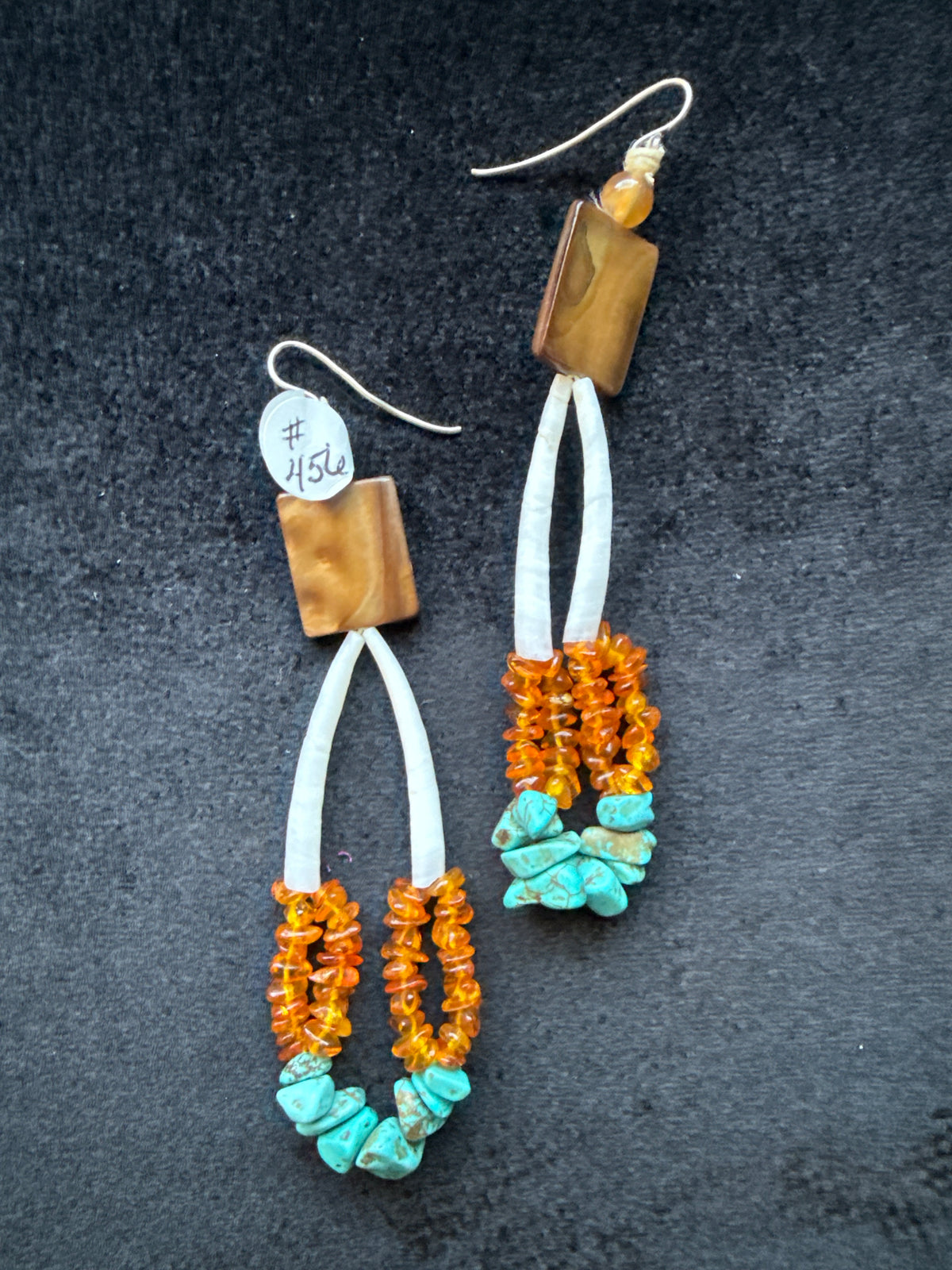 #456 rectangular shell genuine amlur turquoise, and Dentallium earrings