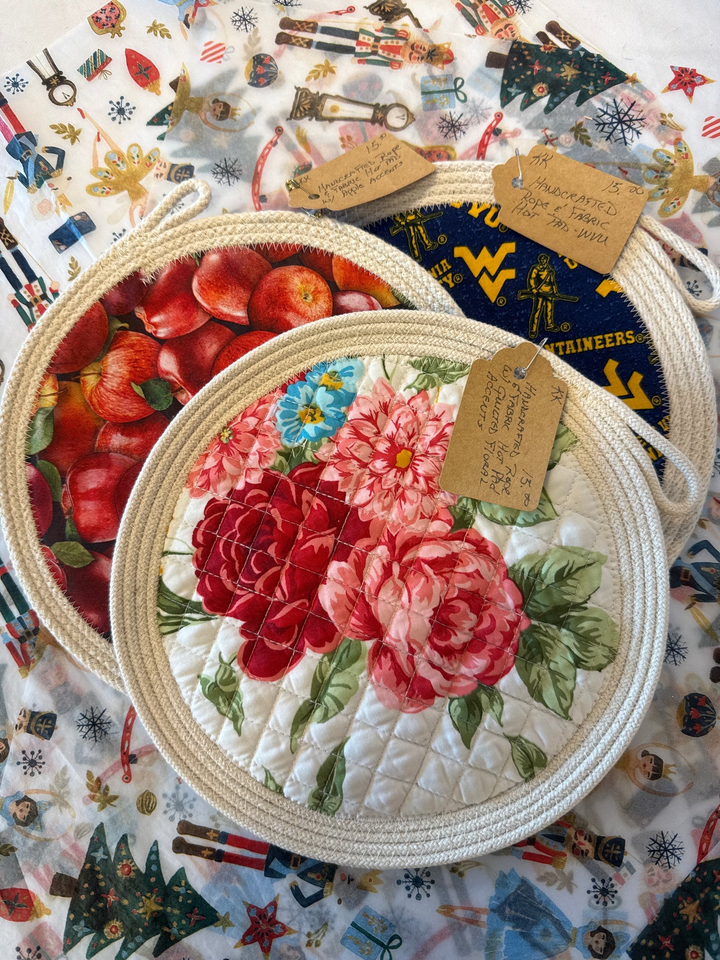 Handcrafted rope and fabric hot pads assorted fabrics