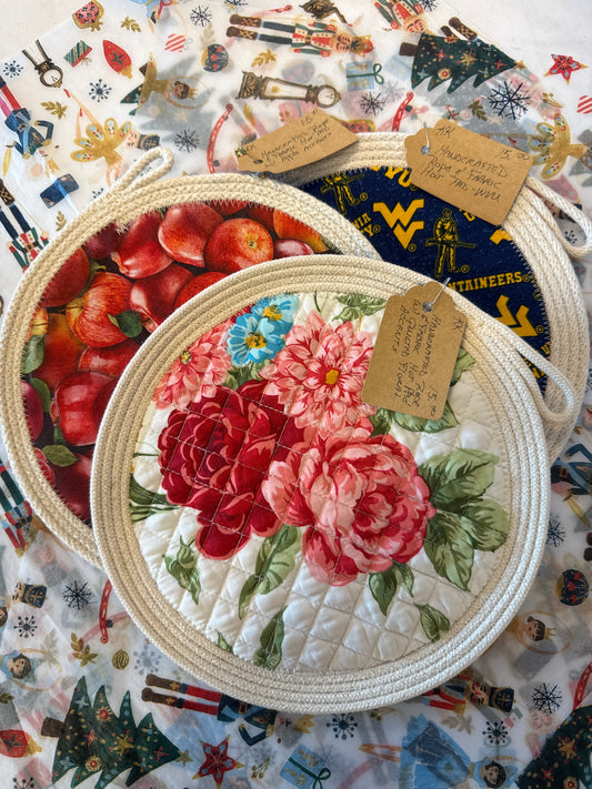 Handcrafted rope and fabric hot pads assorted fabrics