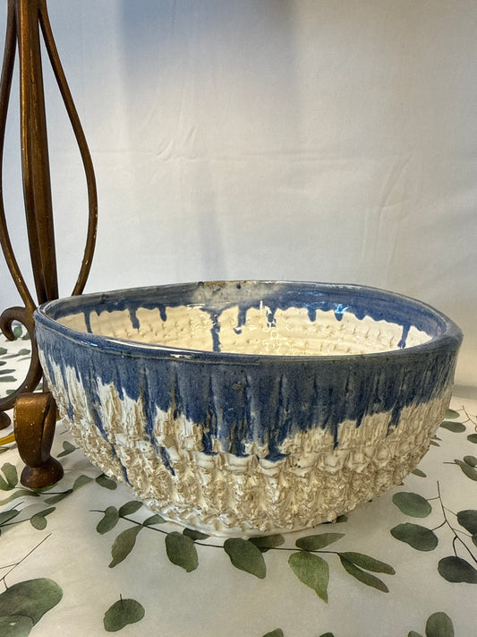 White bowl blue trim