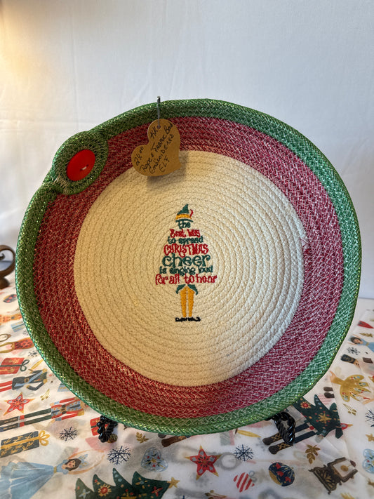 Rope and fabric bowl embroidered elf