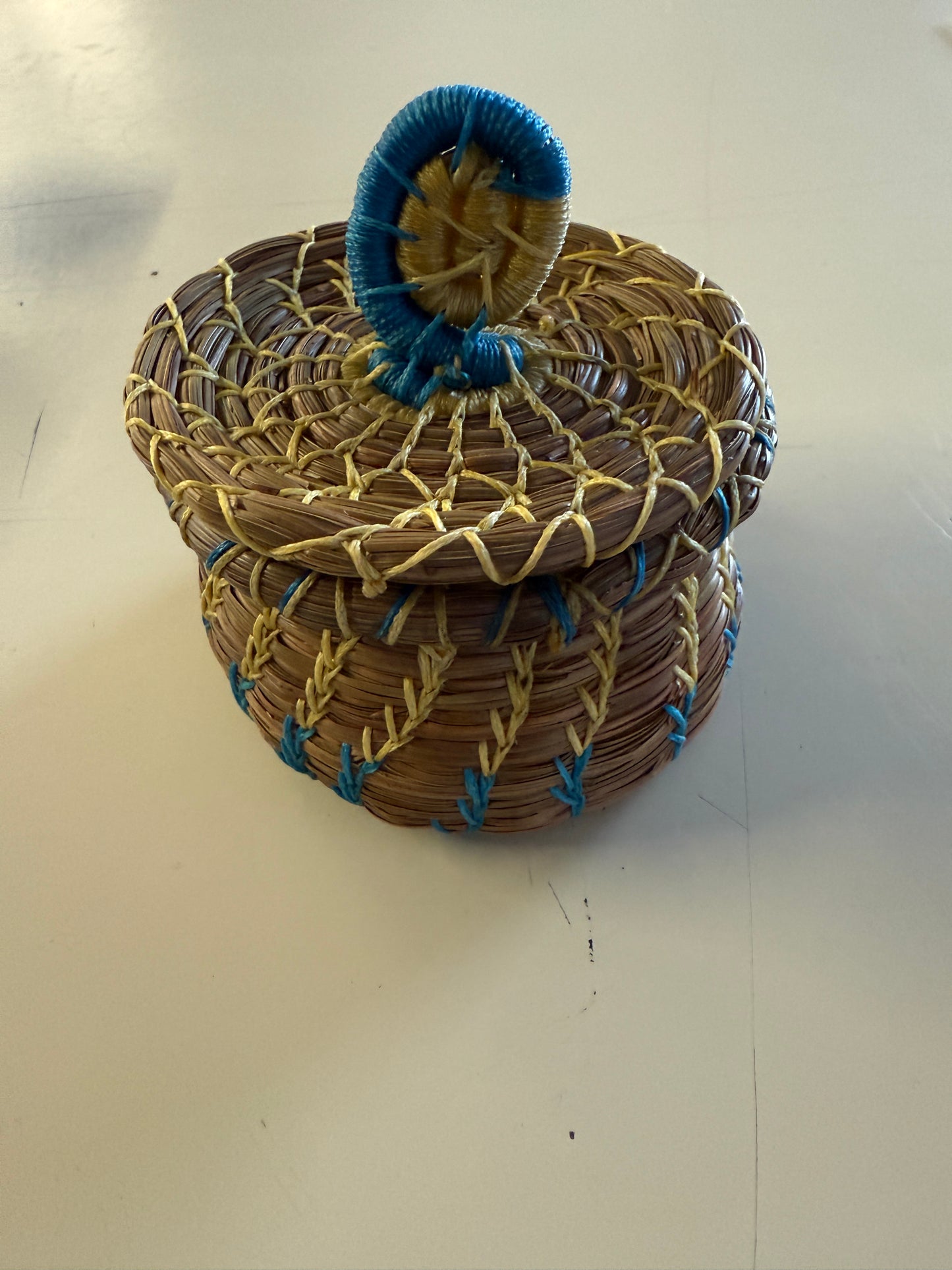 Medium Blue and yellow pine needle basket